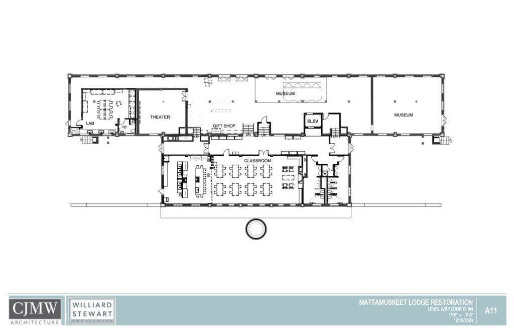 Floor plans for Level 1: museum, teaching kitchen, and laboratory